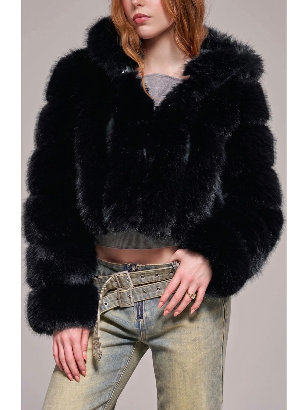 Azalea Wang JOLENE-BLK CROPPED HOODED FAUX FUR JACKET